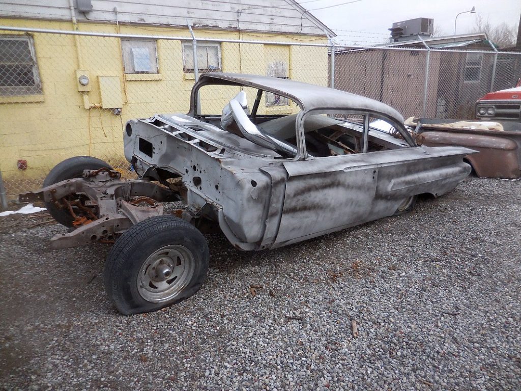 1960 Chevy Belair 2 door sedan, no engine or trans stripped to bare metal and primed. Incomplete but really straight, needs floors and patch panels.  $1,850  n-481