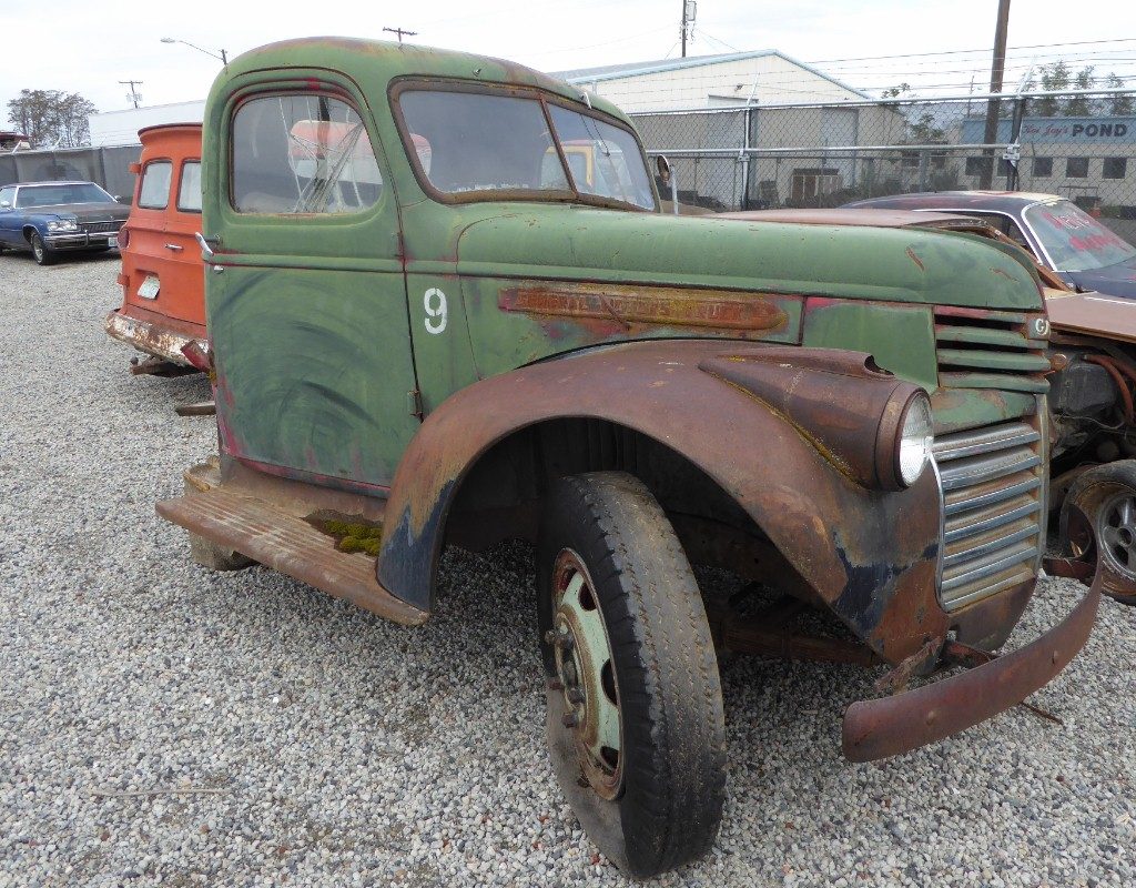 1946 GMC 2 ton, cut off behind cab, otherwise complete. 248 engine nice sheetmetal, with super low mileage of 8,350 as this truck had a huge manure spreader mounted on the back so it was rarely driven far. $1,800  n-512  Sorry, this one is sold!